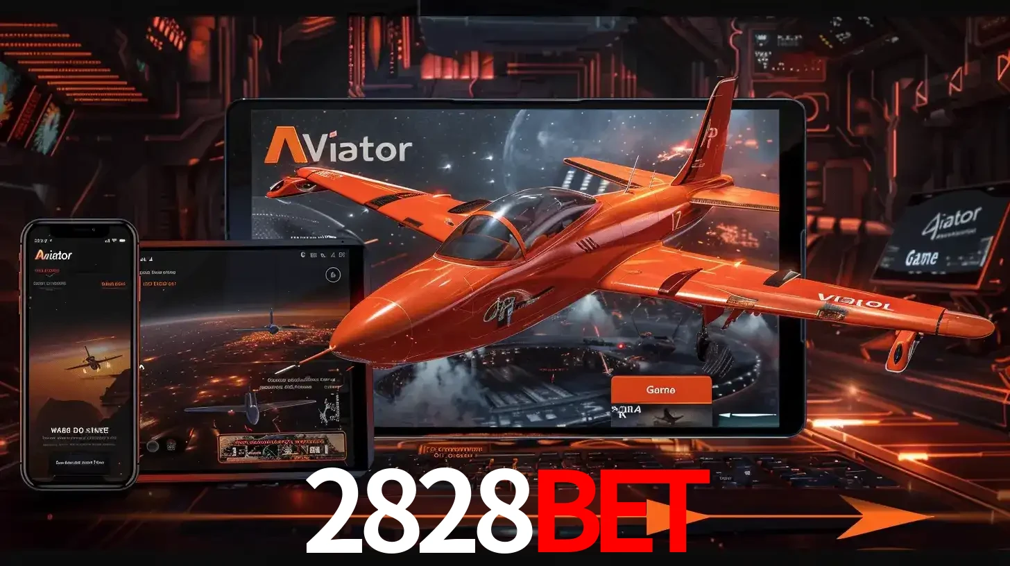 Apresentação tecnológica do jogo Aviator com um avião saindo da tela de um tablet, demonstrando a experiência imersiva em múltiplos dispositivos no 2828BET.