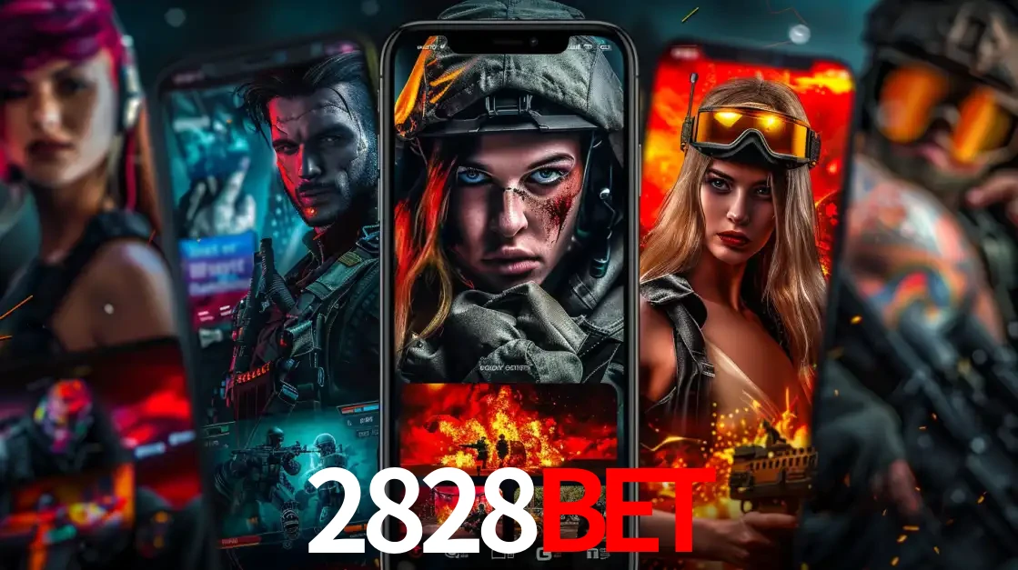 Montagem de telas de celular mostrando diversos personagens, masculinos e femininos, de um jogo de tiro, ilustrando a diversidade de equipes de e-sports para apostar no 2828BET.