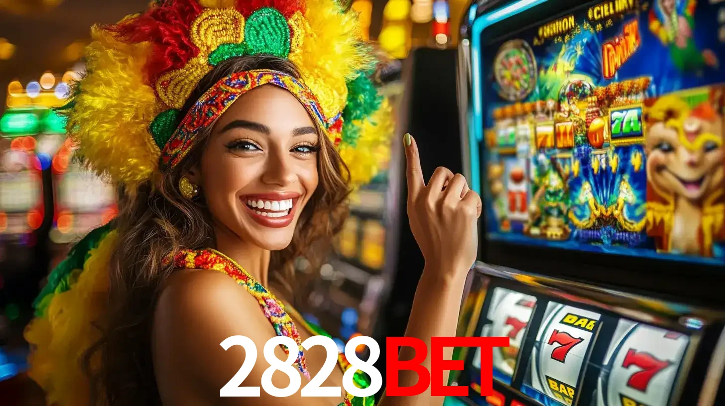 Mulher animada com um cocar de carnaval apontando para uma máquina de caça-níqueis, mostrando a emoção de ganhar um grande prêmio nos jogos do 2828BET.