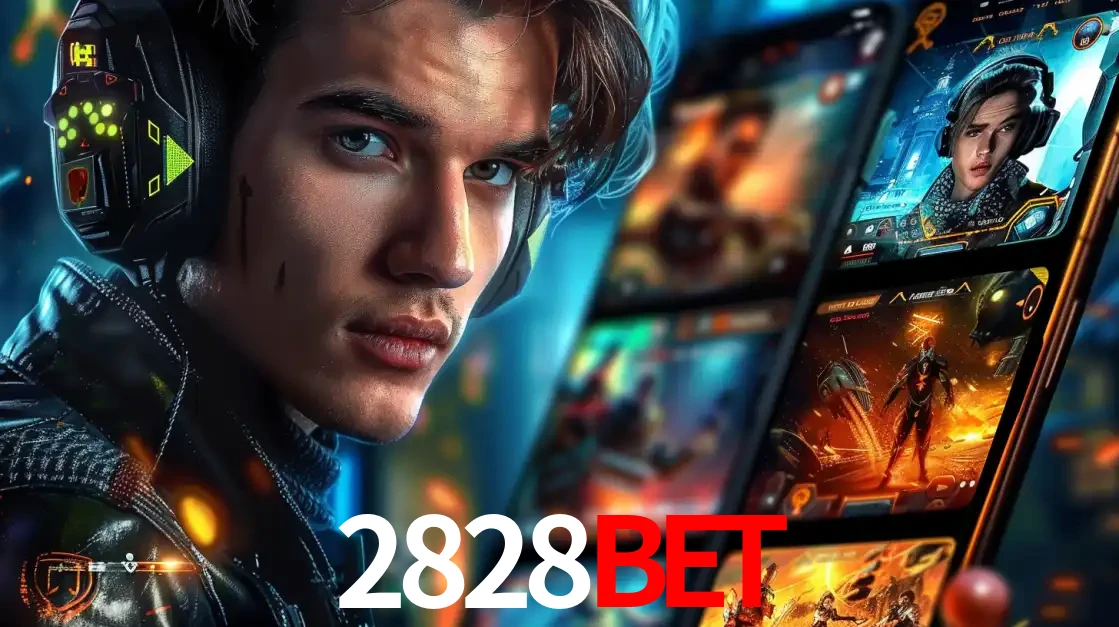 Jovem jogador com fones de ouvido olhando para a câmera, com um aplicativo de jogos e e-sports para celular ao fundo, pronto para a competição e apostas no 2828BET.