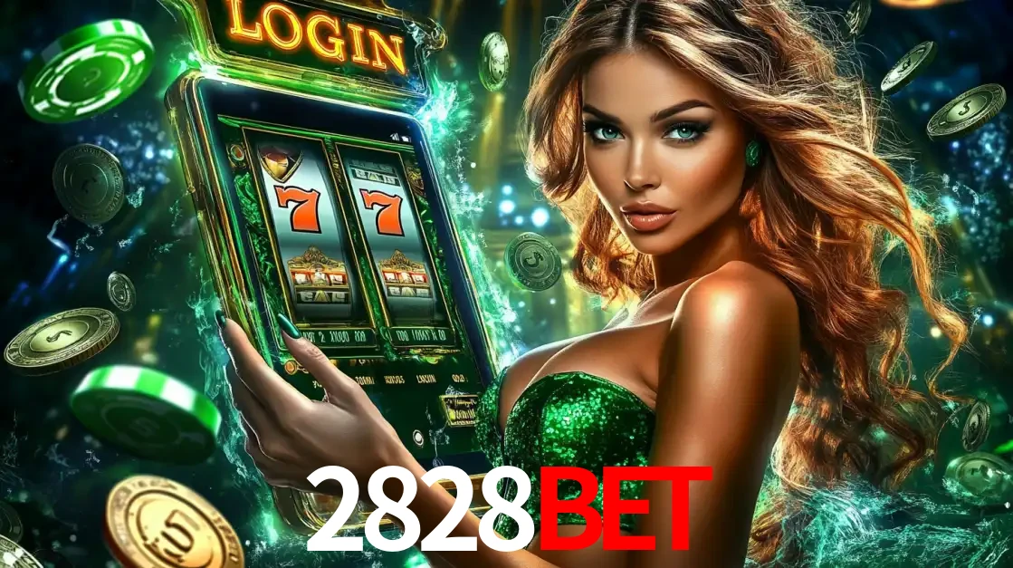 Mulher com tema verde apresentando o aplicativo do cassino 2828BET com um jogo de slot de 777, cercada por fichas de cassino e uma aura de sorte.