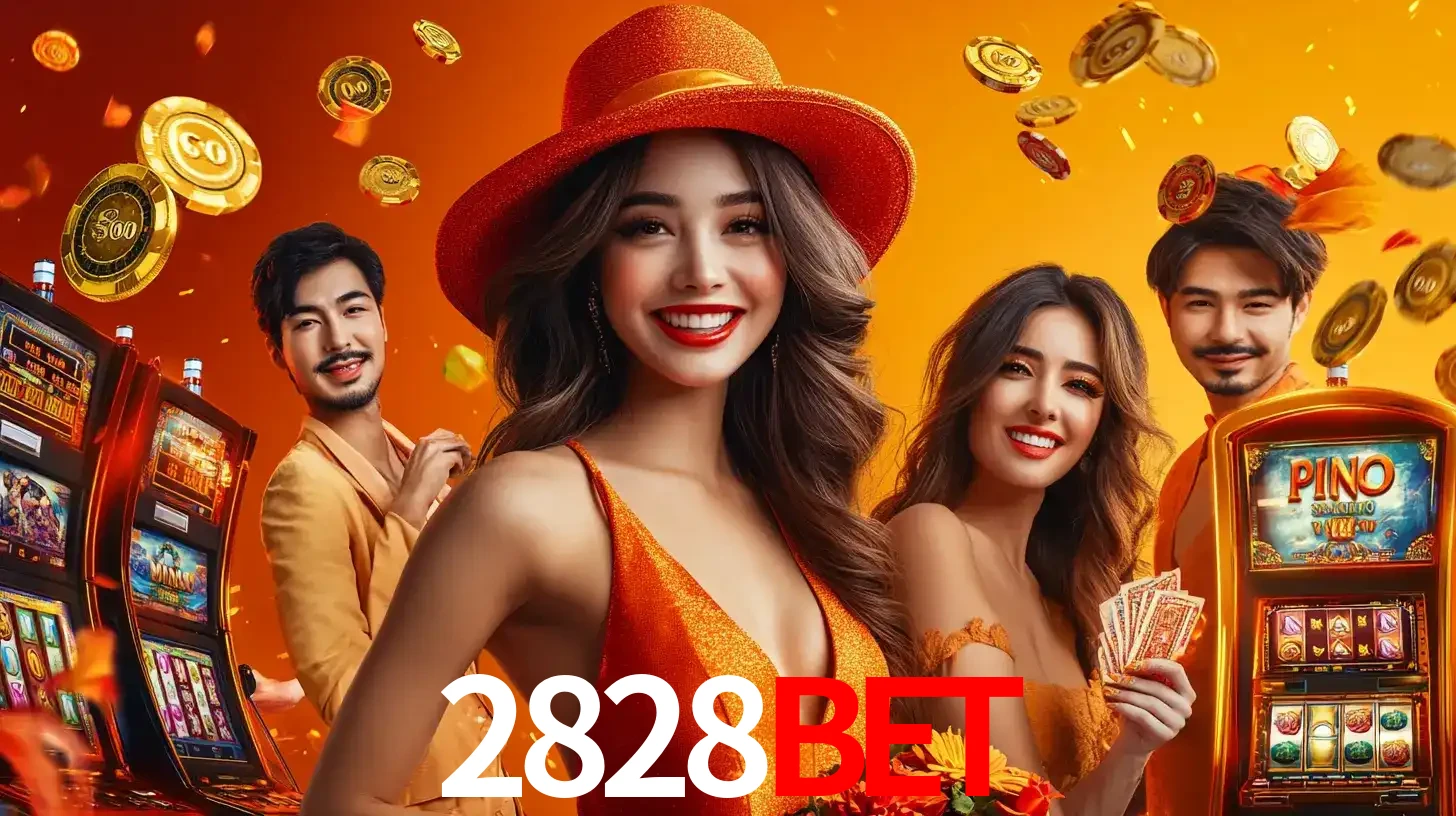 Grupo de amigos asiáticos sorrindo e se divertindo com máquinas de caça-níqueis em um ambiente festivo, celebrando suas vitórias nos jogos de cassino do 2828BET.
