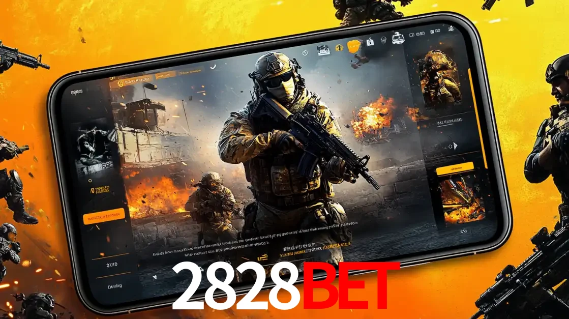 Um smartphone exibindo a interface de um jogo de tiro em primeira pessoa, com um soldado em um cenário de batalha, representando a ação dos e-sports para apostar no 2828BET.