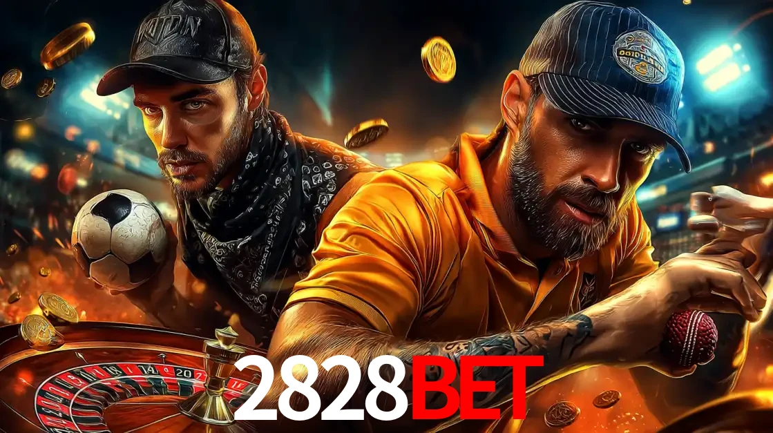 Montagem de apostas esportivas e cassino no 2828BET, com um homem segurando uma bola de futebol e outro uma de beisebol sobre uma roleta e moedas voadoras.