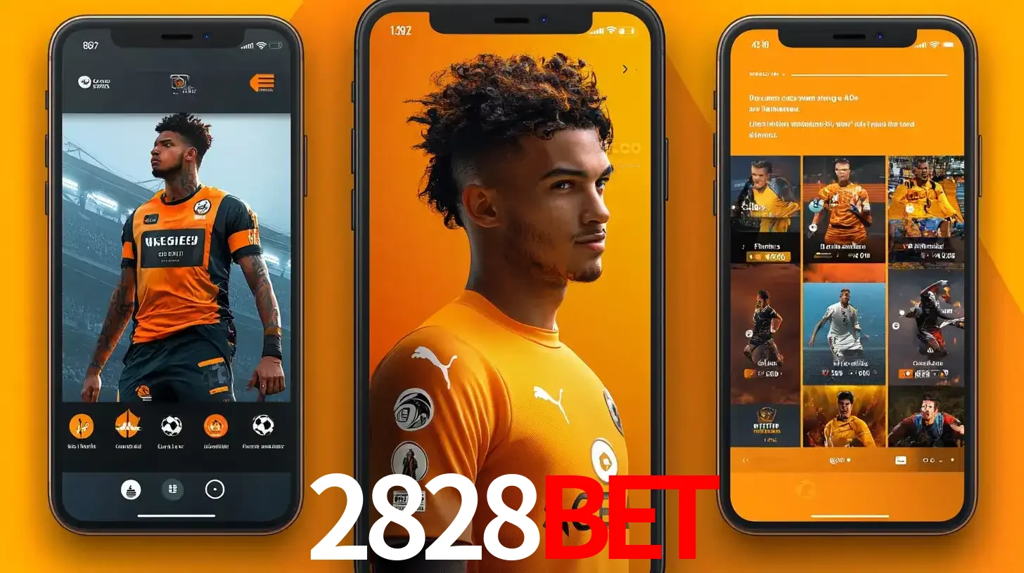 Interface do aplicativo de apostas esportivas 2828BET em três telas de celular, mostrando o perfil de um jogador de futebol e a lista de jogos disponíveis para apostar.