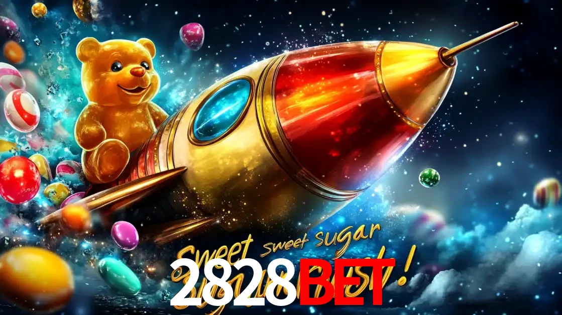Arte promocional do jogo de slot Sugar Rush, com um urso de pelúcia em um foguete viajando pelo espaço de doces, um dos jogos divertidos disponíveis no cassino 2828BET.