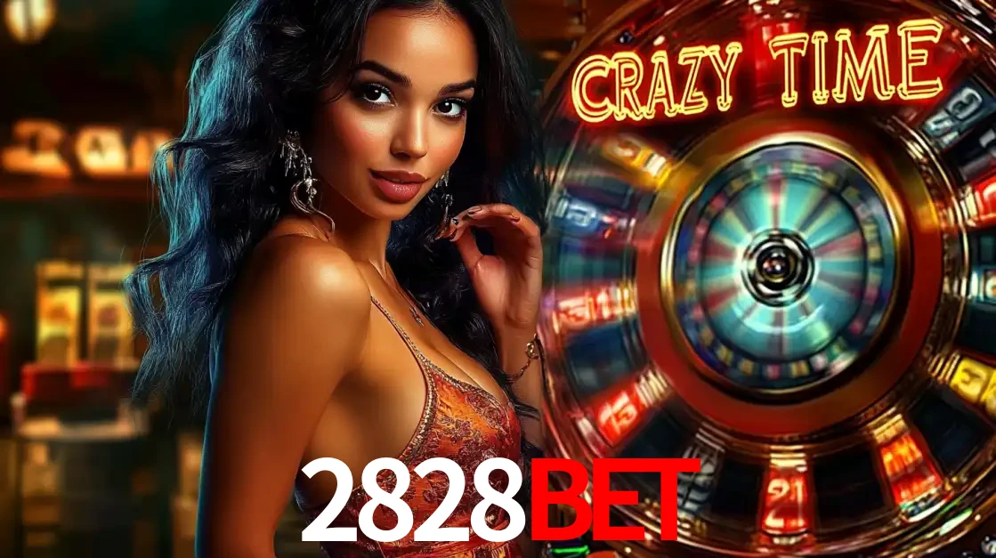Mulher elegante ao lado da vibrante roda da fortuna do jogo de cassino ao vivo Crazy Time, um dos game shows mais populares e cheios de prêmios do 2828BET.