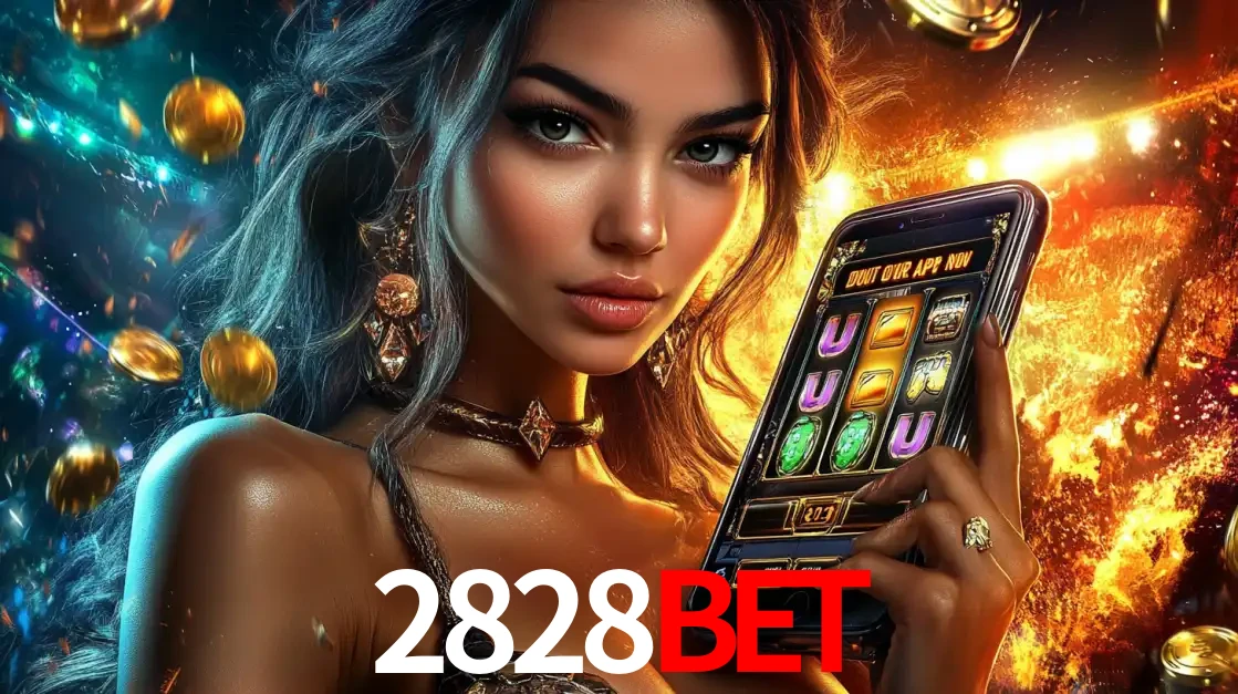 Mulher elegante mostrando um jogo de caça-níqueis em seu smartphone, destacando a experiência de cassino móvel oferecida pelo aplicativo 2828BET.