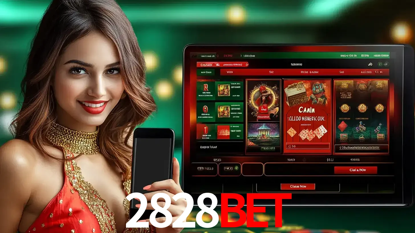 Mulher sorridente segurando um smartphone, ao lado de uma tela exibindo o lobby de jogos do cassino online 2828BET, com várias opções de jogos de cartas e slots.